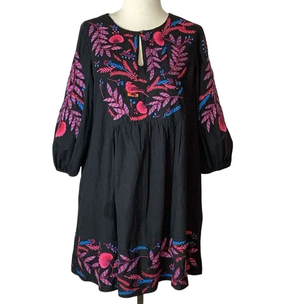 Maeve Anthropologie Embroidered Bird Floral Boho Tunic Dress Black Large - Picture 2 of 11